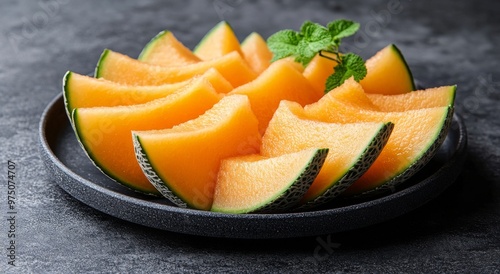 Freshly sliced cantaloupe served on a dark plate ready for summer snacking at...