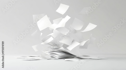 White paper sheets falling down in mid-air with soft shadows and motion blur, representing office documents, creativity, minimal design, and abstract business concept. AI generated illustration.