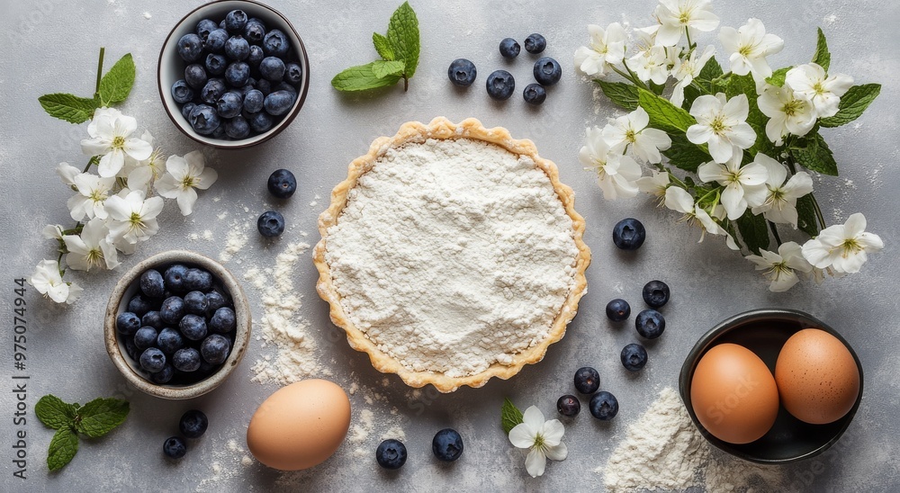 Fresh blueberry tart preparation on a white surface with eggs and mint leaves Fresh blueberry tart preparation on a white surface with eggs and mint leaves