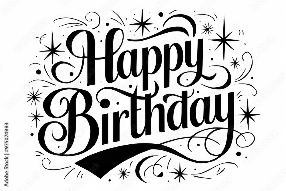 Fototapeta premium A stylish, handwritten Happy Birthday greeting with decorative swirls and stars.