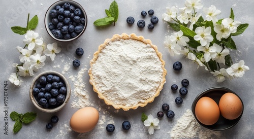 Fresh blueberry tart preparation on a white surface with eggs and mint leaves