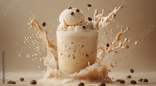 Delicious coffee dessert with ice cream and a dramatic splash on a neutral ba...