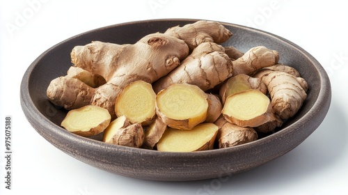 Fresh ginger roots displayed on a ceramic plate, showcasing their unique text...