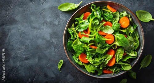 Fresh spinach and carrot salad arranged in a bowl on a dark textured surface