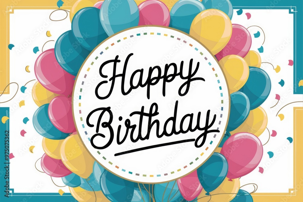 Happy birthday card with colorful balloons and confetti.