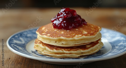 Delicious pancakes topped with berry jam on a rustic plate in a cozy kitchen setting