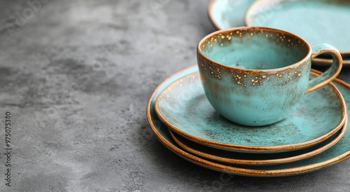 Beautiful turquoise ceramic cup and plates set arranged neatly on textured ba...