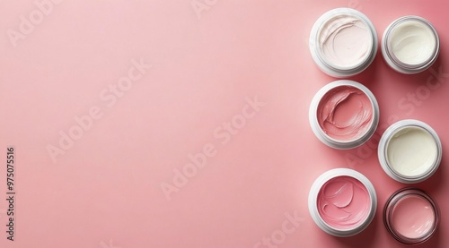 Colorful cream jars arranged on a pink backdrop showcasing skincare products ...