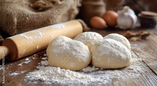 Preparing fresh dough balls on a wooden surface with flour and a rolling pin ...