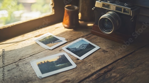 Polaroid Frames Mockup on Wooden Table. AI generated illustration photo