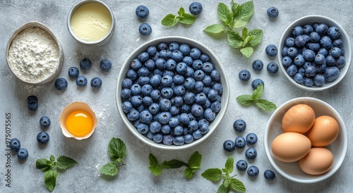 Fresh blueberries on a countertop with flour, egg, and mint leaves during a c...