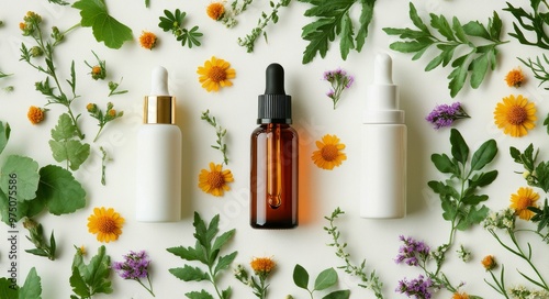 Natural skincare products arranged with vibrant flowers and herbs on a light ...