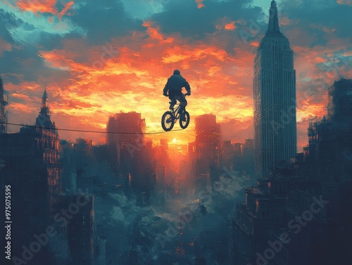 An adventurous cyclist performing a highwire act over a city skyline at sunset, capturing elements of thrill, daring feats, and the breathtaking beauty of urban landscapes. photo