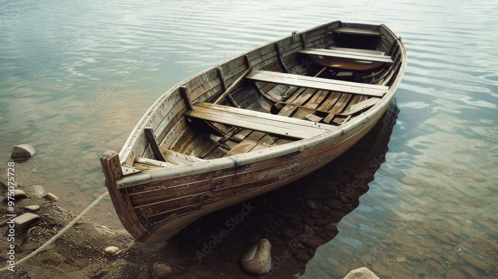 An old wooden rowboat rests on the calm waters near the shore, evoking a sense of nostalgia and tranquility. An old wooden rowboat rests on the calm waters near the shore, evoking a sense of nostalgia and tranquility.