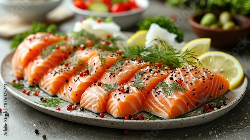  A salmon platter with lemon, tomato, and parsley on a table