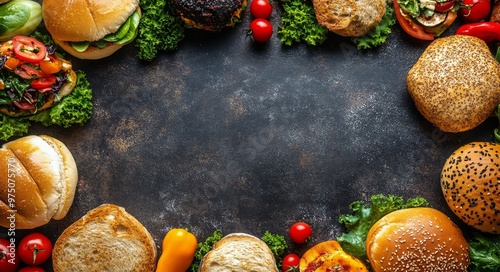 A colorful assortment of burgers and fresh vegetables displayed on a rustic t...