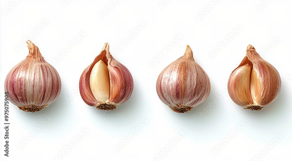 Fototapeta premium Fresh purple garlic bulbs arranged in a line against a clean white background