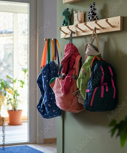 coat rack made of light pine wood, placed in a family home entryway, with children’s coats and colorful backpacks hanging