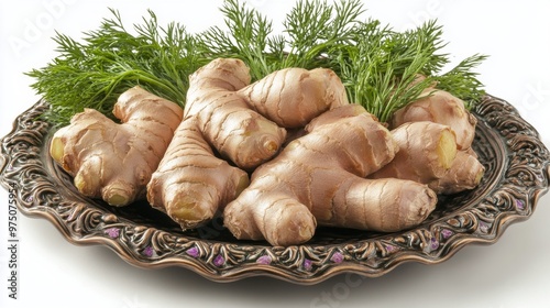 Fresh ginger roots and chopped ginger pieces arranged beautifully with green ...