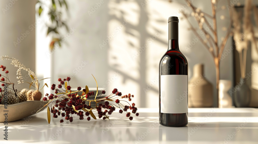 A sleek wine bottle with minimalist label stands elegantly on bright surface, surrounded by decorative elements and soft shadows, creating serene atmosphere A sleek wine bottle with minimalist label stands elegantly on bright surface, surrounded by decorative elements and soft shadows, creating serene atmosphere