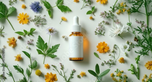 Natural skincare products arranged with vibrant flowers and herbs on a light ...