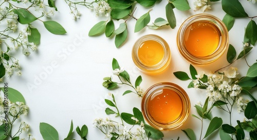 Natural honey jars surrounded by leaves and flowers on a light background
