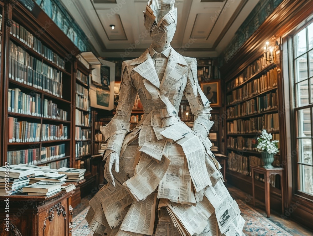 An intricately crafted mannequin made entirely of newspapers stands as an artistic centerpiece in a traditional library environment, surrounded by shelves filled with books. An intricately crafted mannequin made entirely of newspapers stands as an artistic centerpiece in a traditional library environment, surrounded by shelves filled with books.
