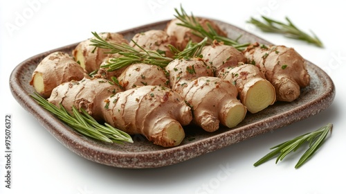 Fresh ginger roots and chopped ginger pieces arranged beautifully with green ...