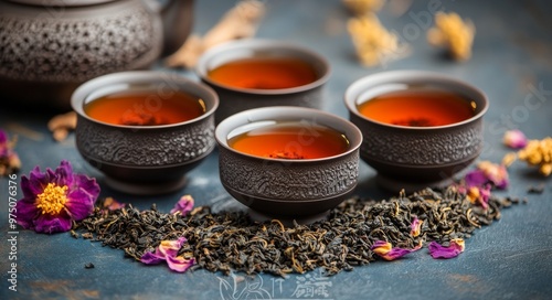 Traditional tea ceremony with handcrafted teacups and loose leaf tea displaye...