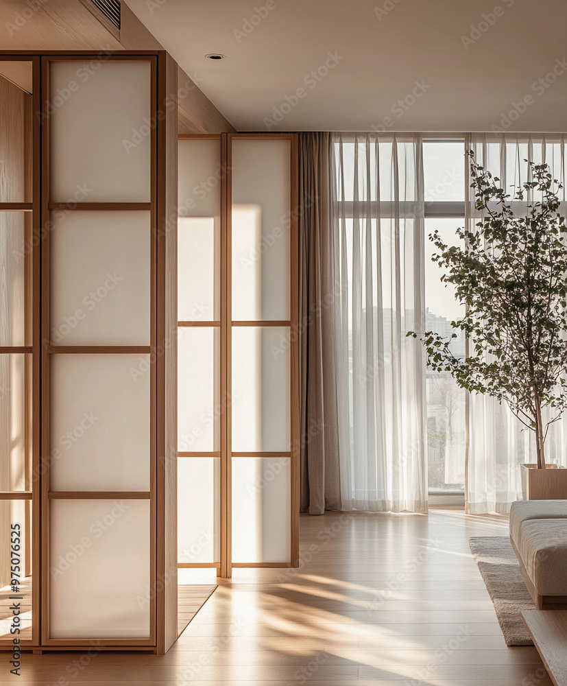 Korean room divider made of light wood and frosted glass, standing in a bright, modern apartment with floor-to-ceiling windows Korean room divider made of light wood and frosted glass, standing in a bright, modern apartment with floor-to-ceiling windows