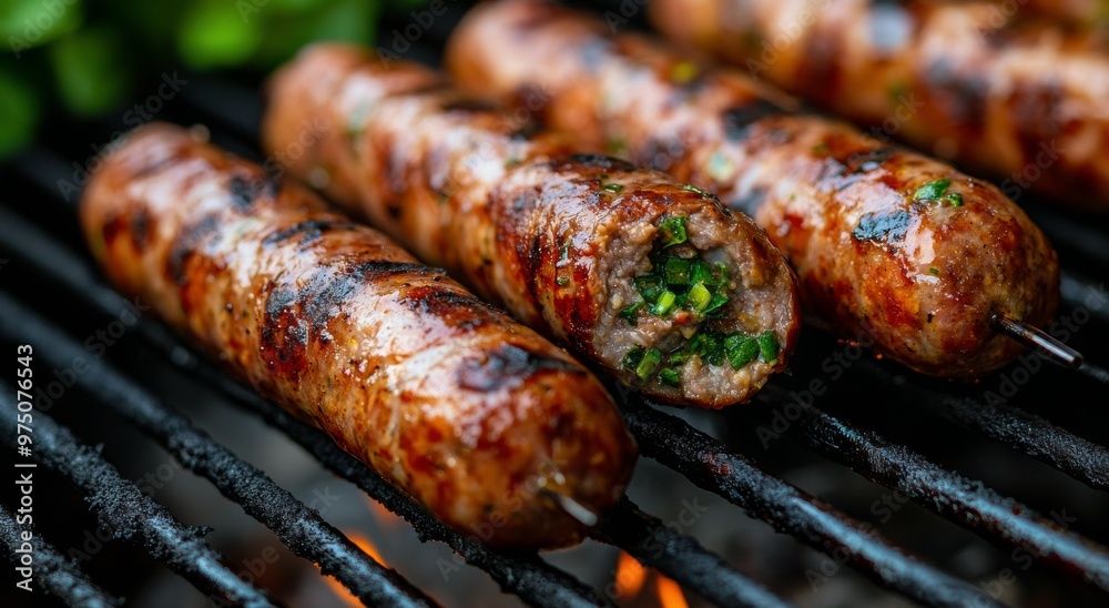 Grilled skewers of marinated meat with herbs cooking on a barbecue in the evening sun Grilled skewers of marinated meat with herbs cooking on a barbecue in the evening sun
