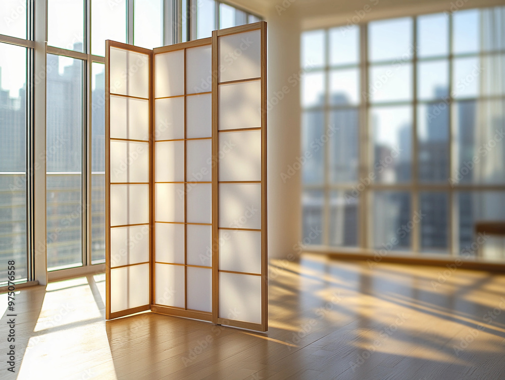 Korean room divider made of light wood and frosted glass, standing in a bright, modern apartment with floor-to-ceiling windows Korean room divider made of light wood and frosted glass, standing in a bright, modern apartment with floor-to-ceiling windows