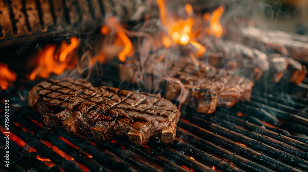 Grilled Steak on Charcoal BBQ Grill With Flames, Closeup Grilled Steak on Charcoal BBQ Grill With Flames, Closeup