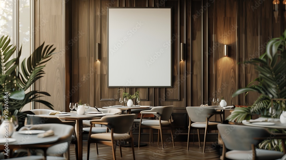 Empty restaurant interior with wooden panel walls and blank white sign mockup Empty restaurant interior with wooden panel walls and blank white sign mockup
