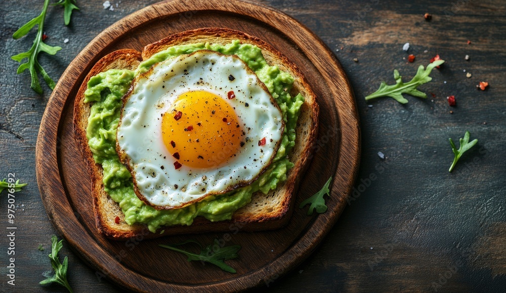 Deliciously arranged avocado toast topped with a sunny-side-up egg on rustic wooden surface Deliciously arranged avocado toast topped with a sunny-side-up egg on rustic wooden surface