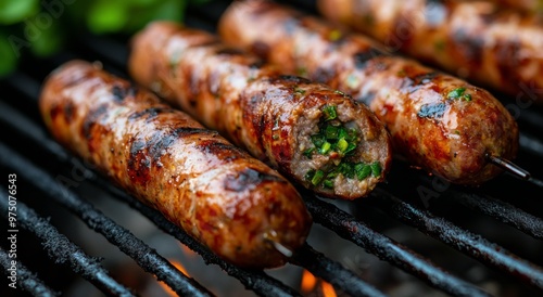 Grilled skewers of marinated meat with herbs cooking on a barbecue in the eve...