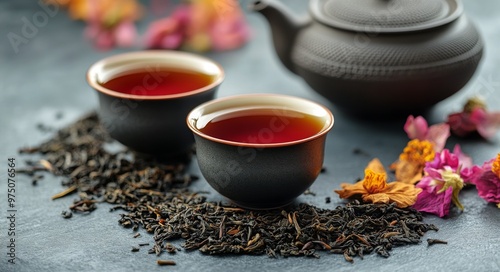 Traditional tea ceremony with handcrafted teacups and loose leaf tea displaye...