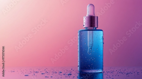 Brightly lit blue serum bottle on a reflective surface against a pink gradien...