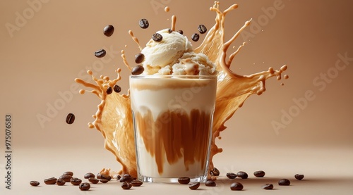 Delicious coffee dessert with ice cream and a dramatic splash on a neutral ba...