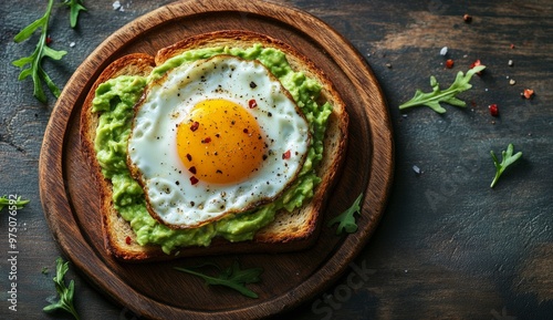 Deliciously arranged avocado toast topped with a sunny-side-up egg on rustic ...