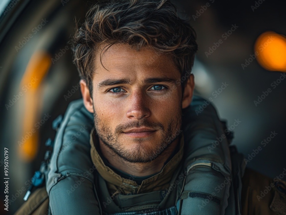 A handsome pilot wearing cockpit gear, gazing intently into the distance, capturing the spirit of determination and focus in the aviation profession. A handsome pilot wearing cockpit gear, gazing intently into the distance, capturing the spirit of determination and focus in the aviation profession.
