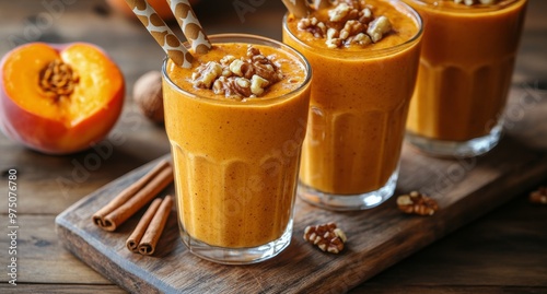Delicious pumpkin smoothies topped with walnuts and cinnamon served on a wood...