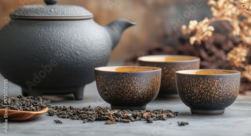 Traditional tea ceremony with handcrafted teacups and loose leaf tea displaye...