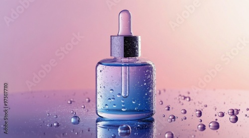 Brightly lit blue serum bottle on a reflective surface against a pink gradien...