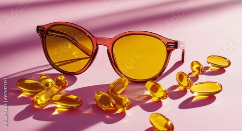 Bright yellow sunglasses beside golden supplements on a pink surface in soft ...