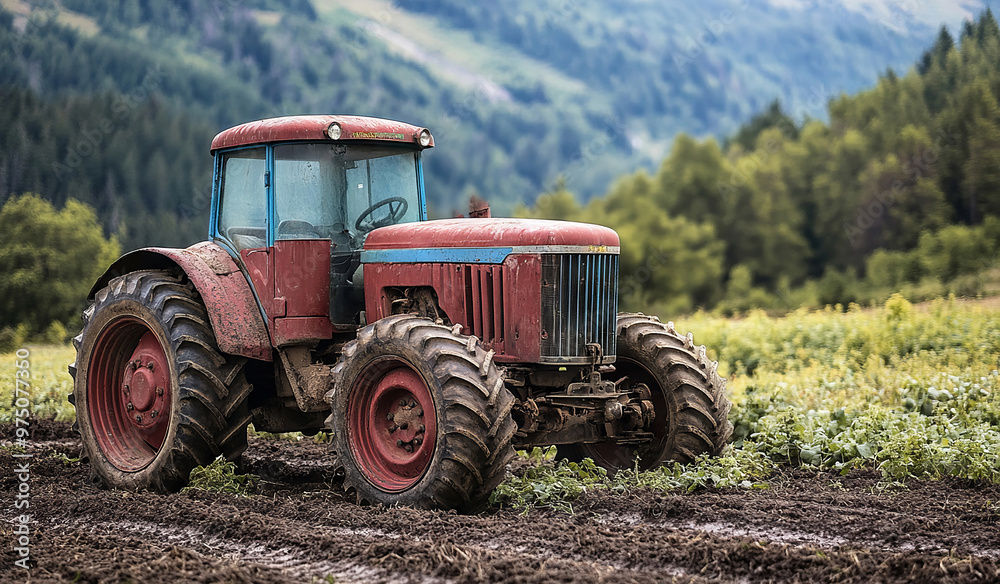 Rustic Red Tractor in Lush Green Countryside Field on a Cloudy Day Rustic Red Tractor in Lush Green Countryside Field on a Cloudy Day