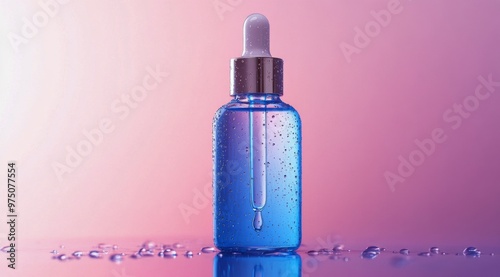 Brightly lit blue serum bottle on a reflective surface against a pink gradien...