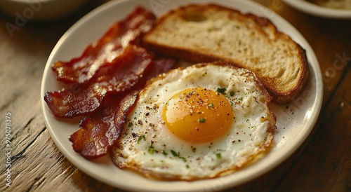 Delicious breakfast plate with crispy bacon, fried egg, toasted bread, and fresh greens