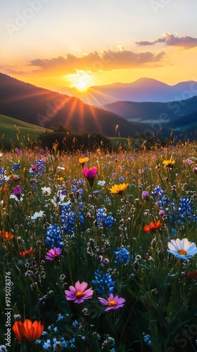 Vibrant wildflower meadow in full bloom under a bright sunset sky, with distant mountains and rolling hills creating a peaceful nature scene perfect for summer and outdoor visuals.