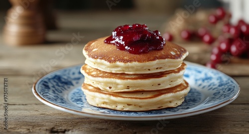 Fluffy pancakes topped with berry jam served on a vintage plate in a cozy kit...